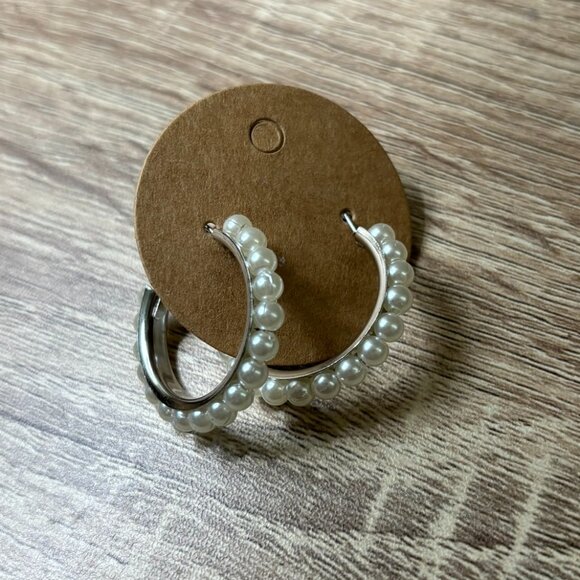 White Pearl Hoop Silver Clasp Earrings - Picture 2 of 5